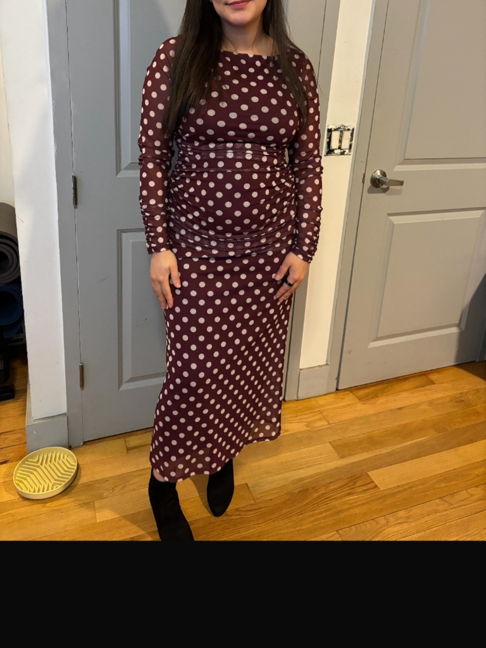 AFRM Beautiful Burgundy Polka Dot Ruched Maxi Dress